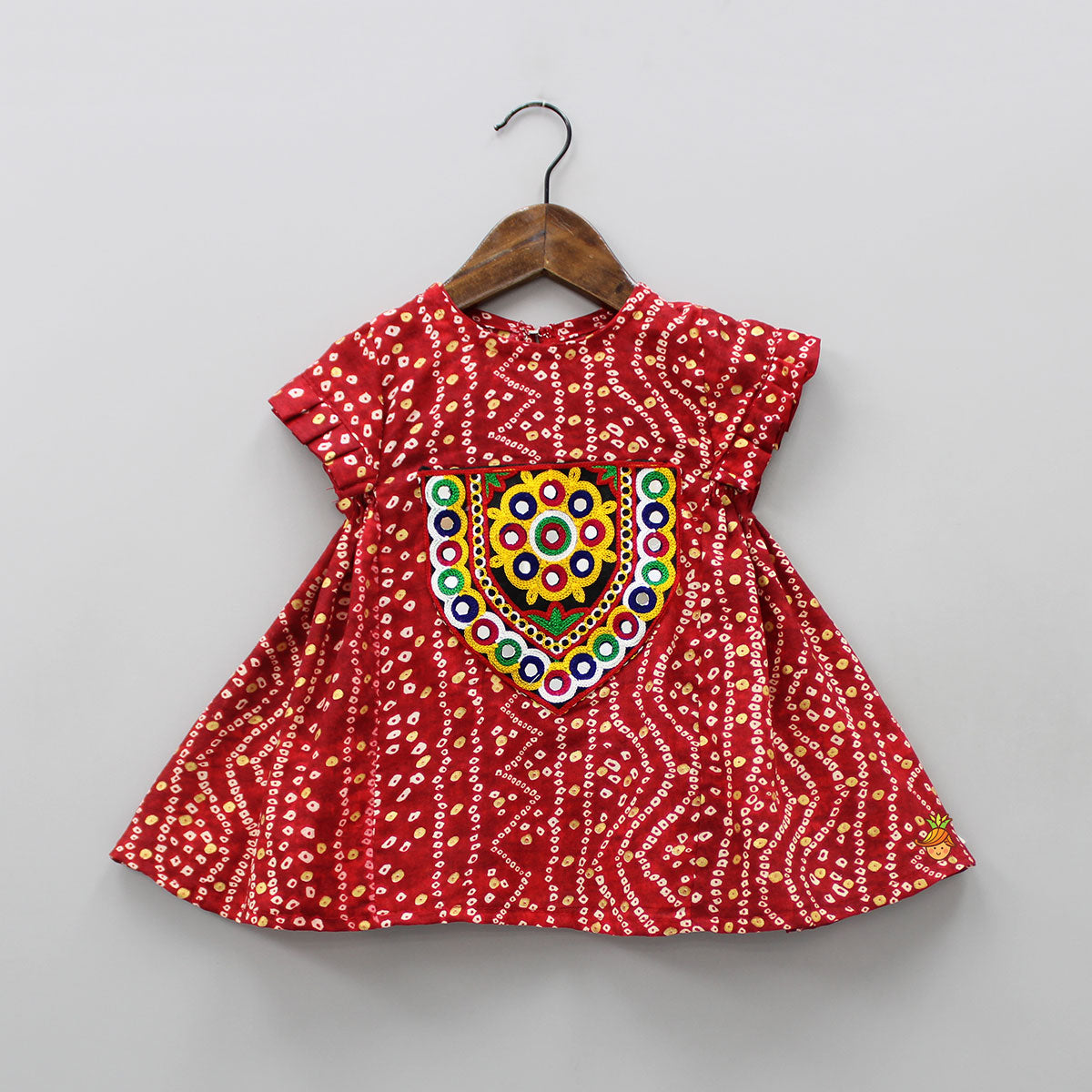 Mirror Work And Bandhani Printed Red Fancy Short Kurti
