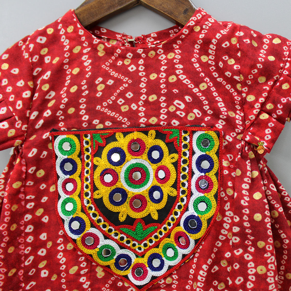 Mirror Work And Bandhani Printed Red Fancy Short Kurti