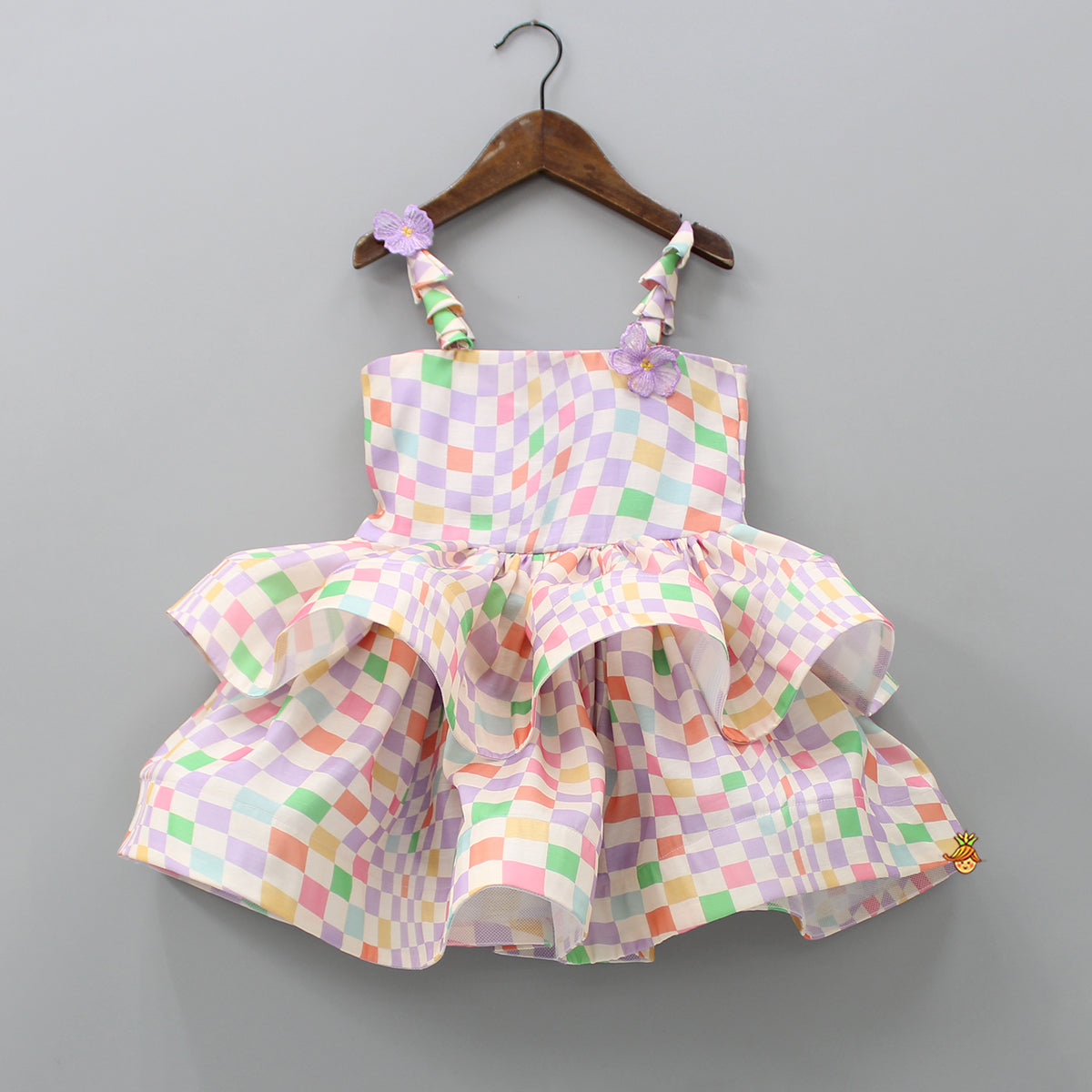 Pre Order: Multicolour Checks Layered Dress With Heart Shaped Sling Bag