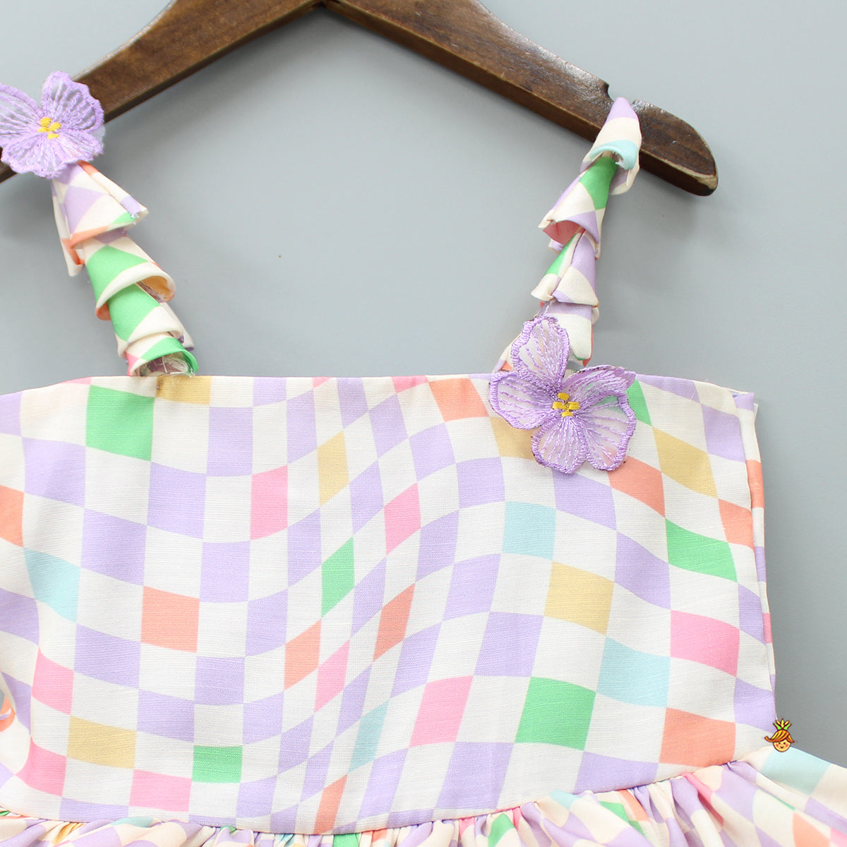 Pre Order: Multicolour Checks Layered Dress With Heart Shaped Sling Bag