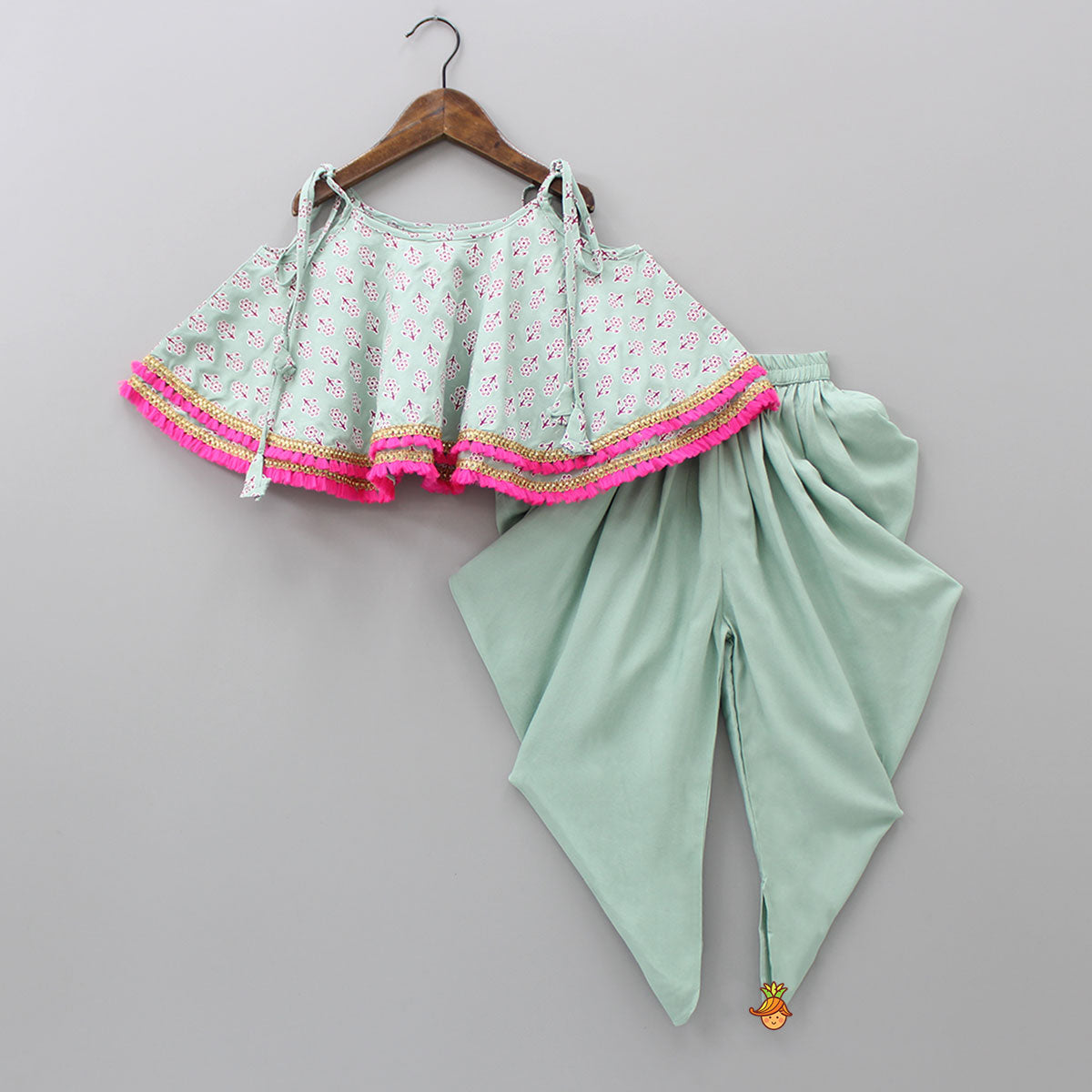 Green Fringes Lace Detail Flared Top And Pleated Dhoti With Matching Sling Bag