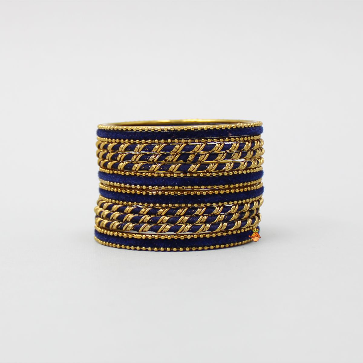 Navy Blue Thread Work Velvet Bangles - Set Of 18