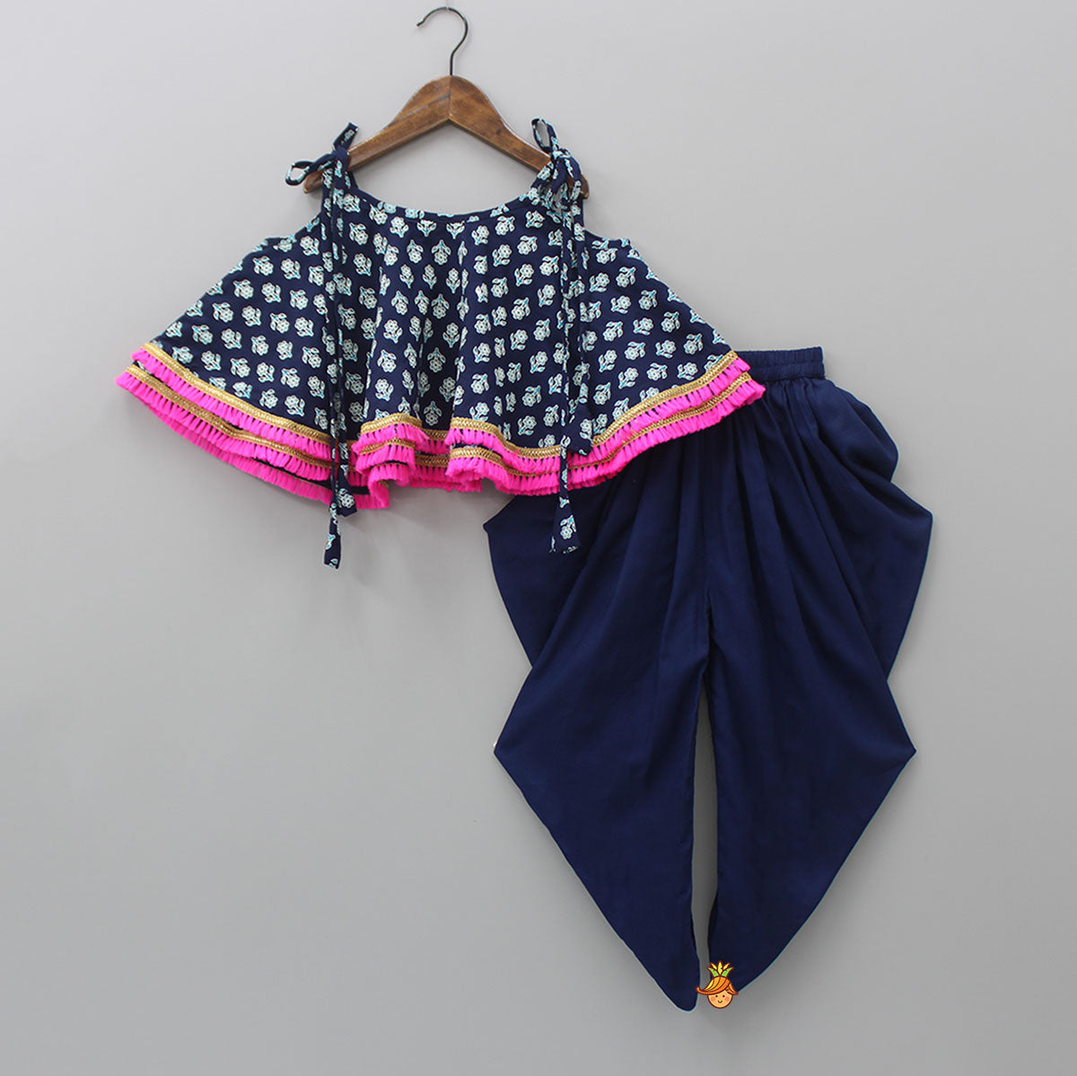 Navy Blue Floral Printed Lace Work Top And Dhoti With Matching Sling Bag