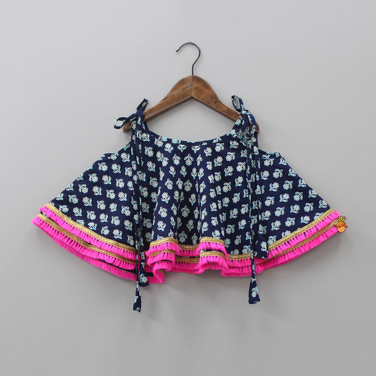 Navy Blue Floral Printed Lace Work Top And Dhoti With Matching Sling Bag