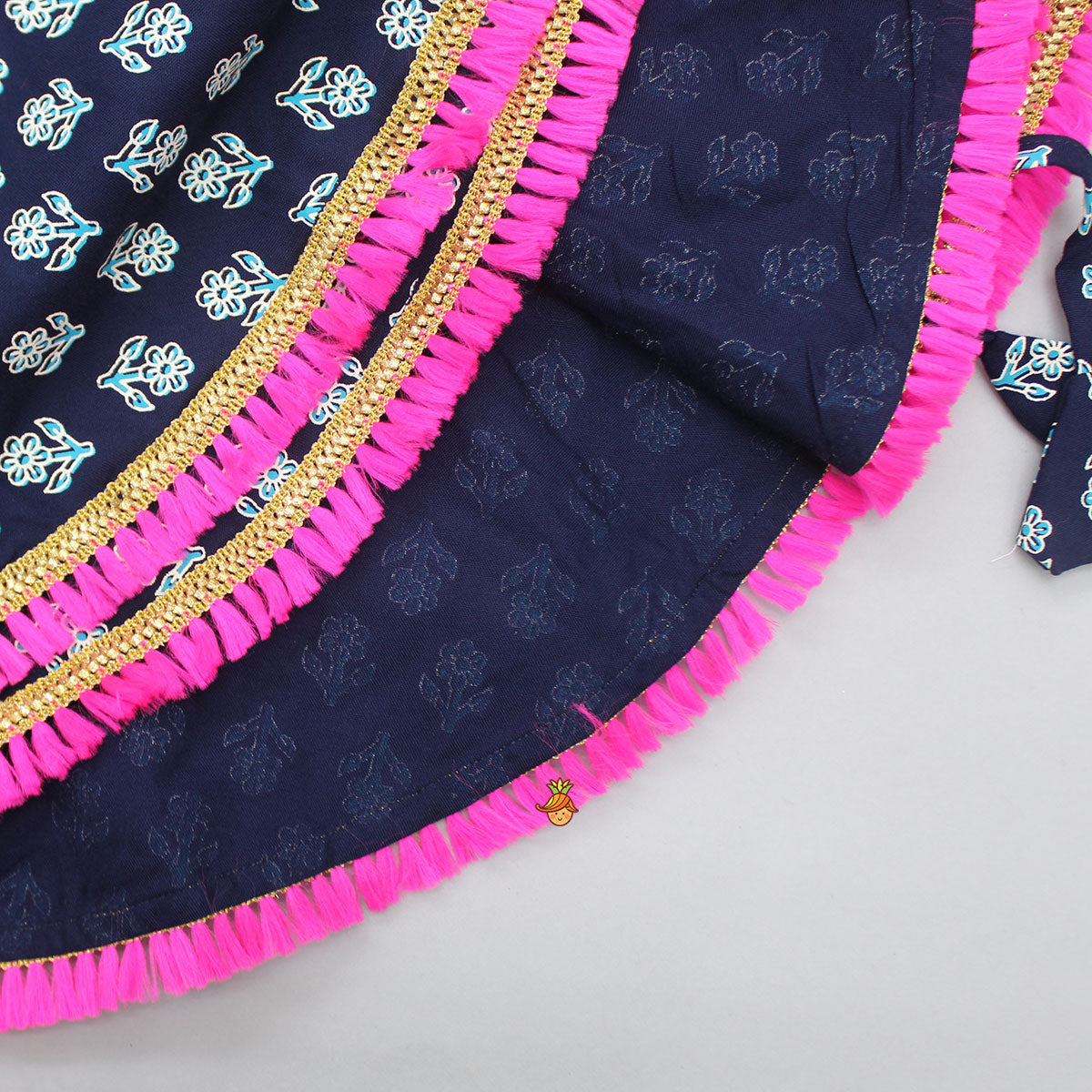 Navy Blue Floral Printed Lace Work Top And Dhoti With Matching Sling Bag