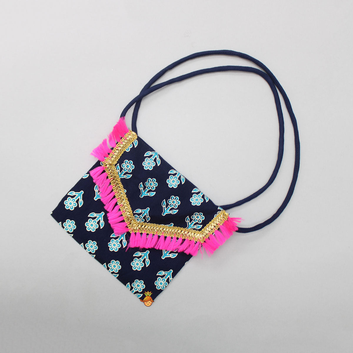 Navy Blue Floral Printed Lace Work Top And Dhoti With Matching Sling Bag