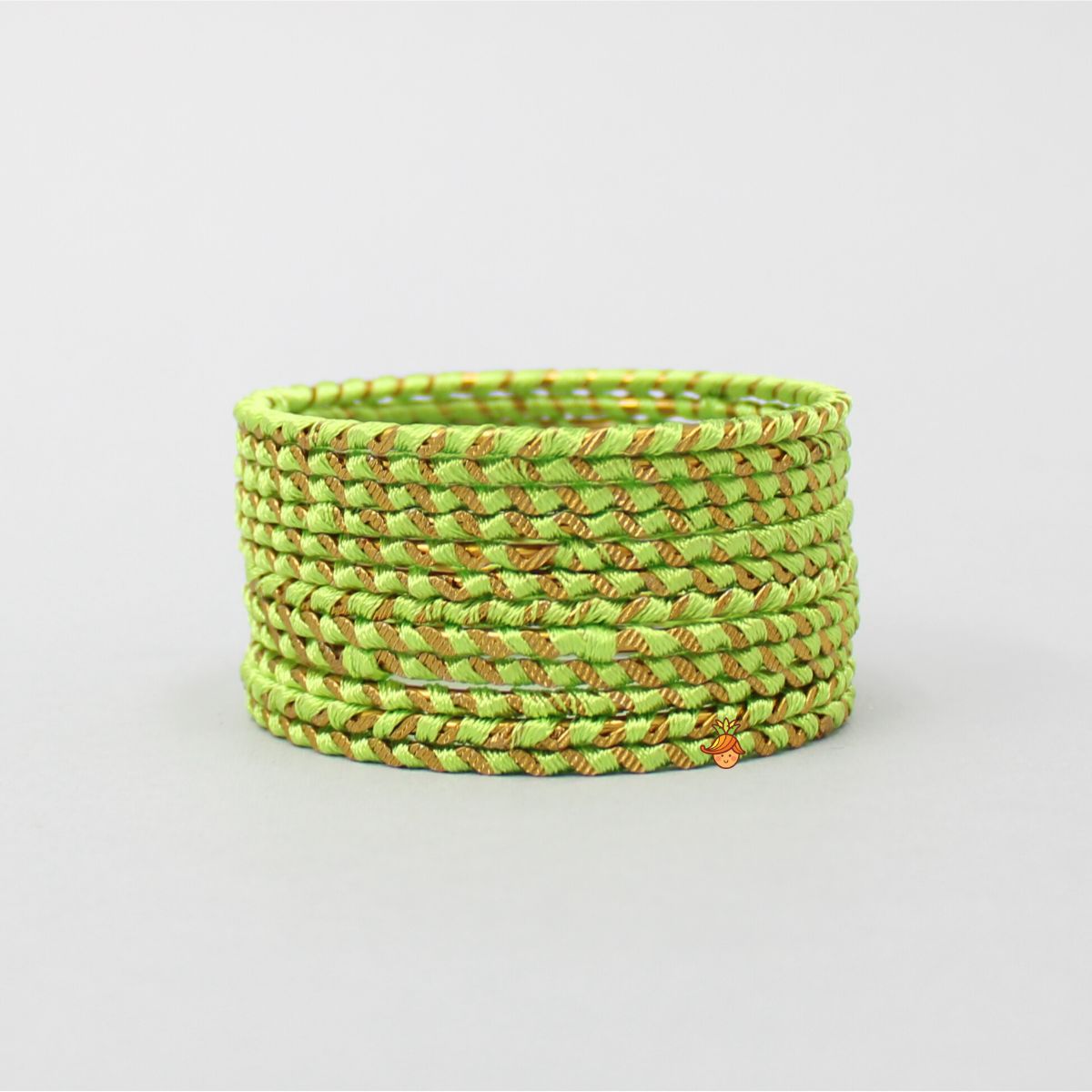 Silk Thread Work Green Iron Bangles - Set Of 12