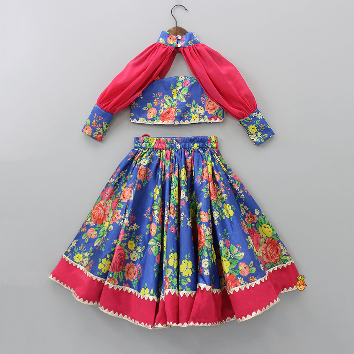 Silk Floral Top With Detachable Sleeves And Lehenga