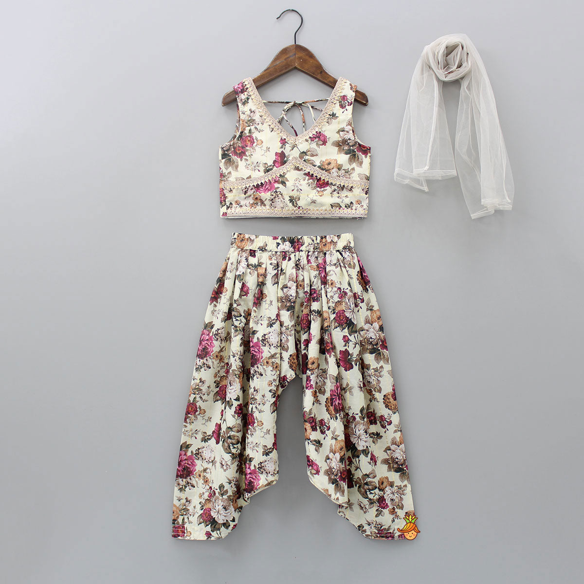 Lurex Striped Floral Printed V Neck Top And Patiala With Stylish Net Off White Dupatta