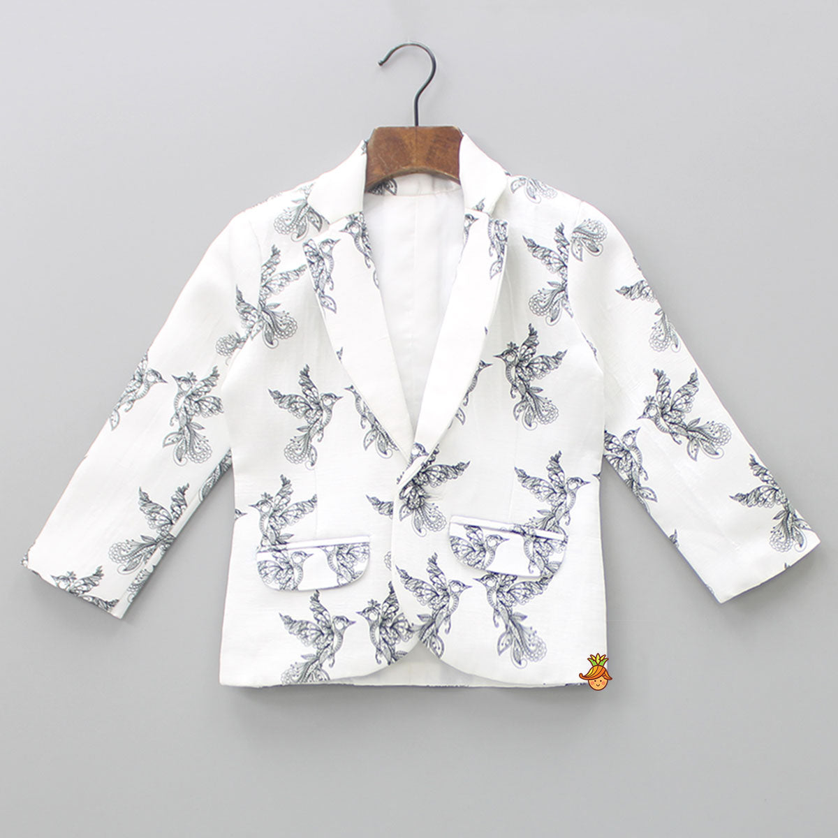 Pre Order: Dual Pocket Detail White And Black Bird Printed Blazer