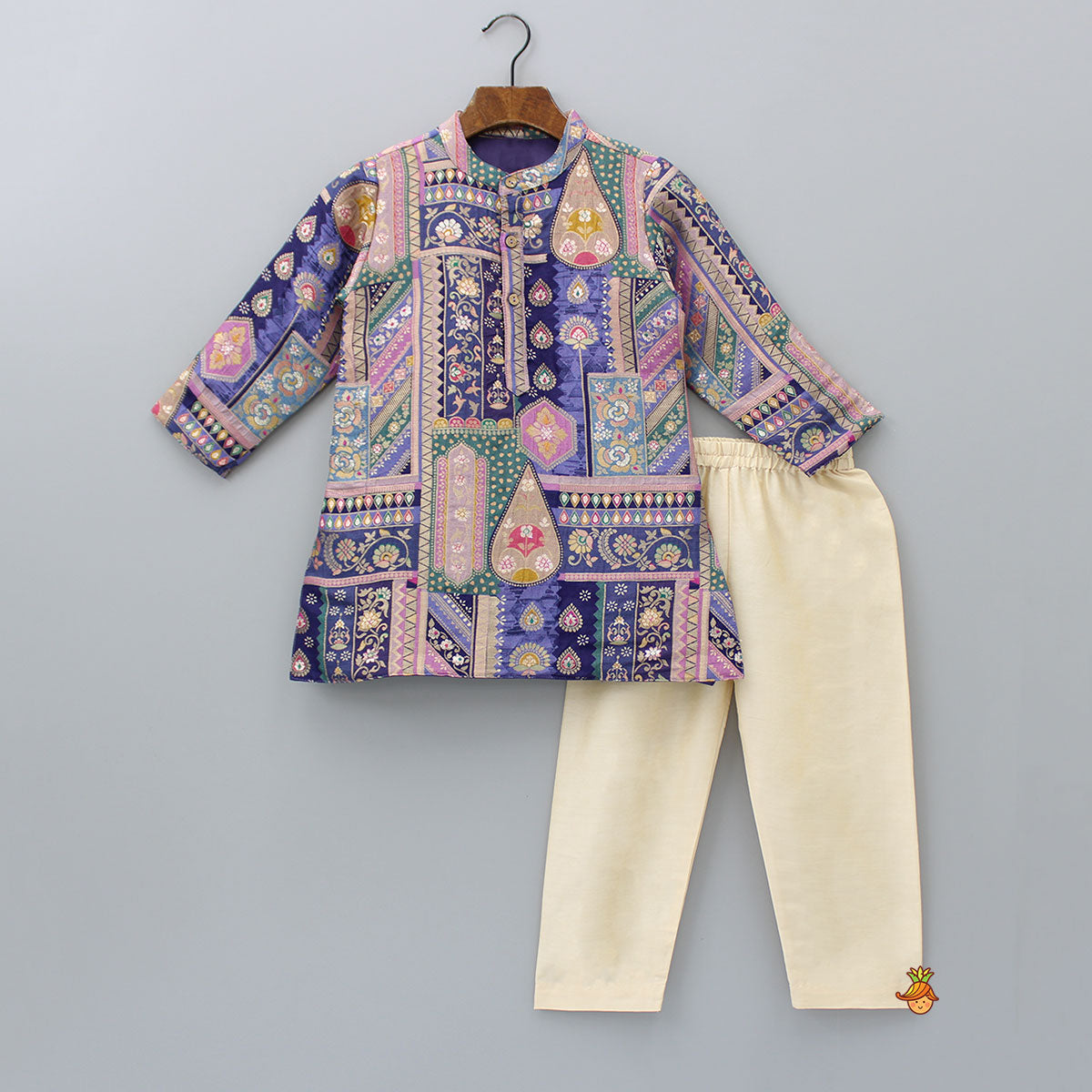 Multicolour Brocade Embroidered Kurta With Beige Colour Pyjama