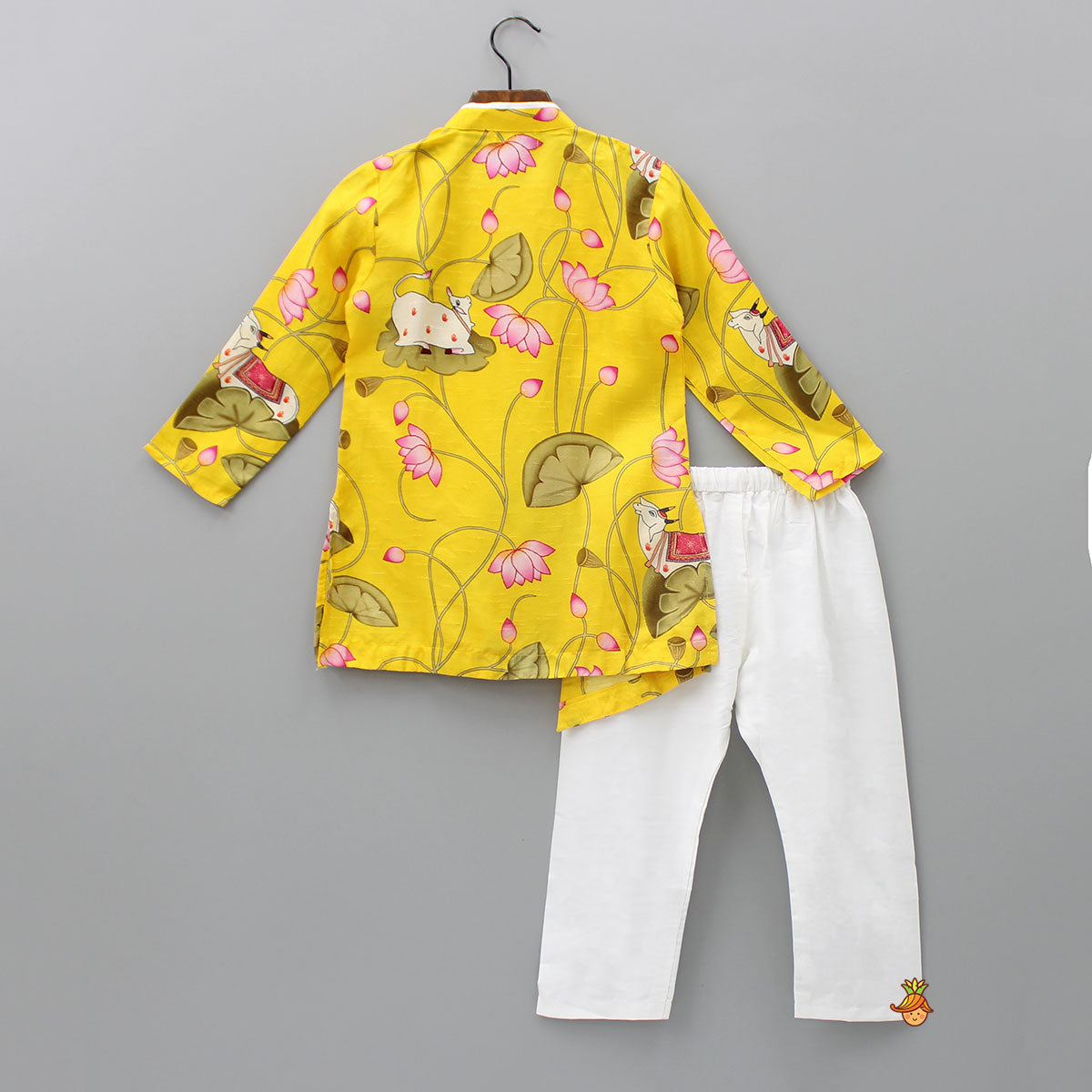 Pre Order: Cow And Lotus Printed Stylish Yellow Kurta With Pyjama