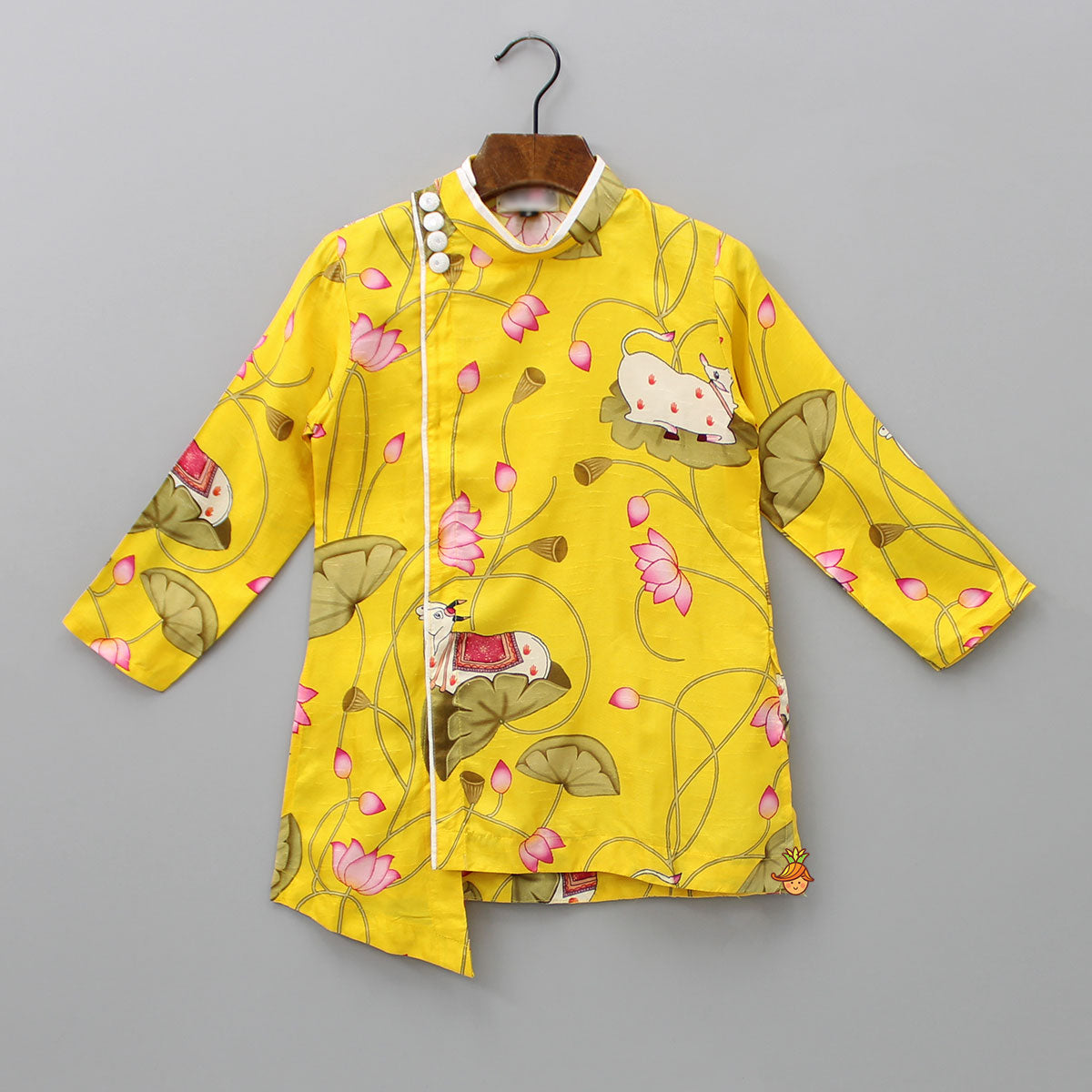 Pre Order: Cow And Lotus Printed Stylish Yellow Kurta With Pyjama