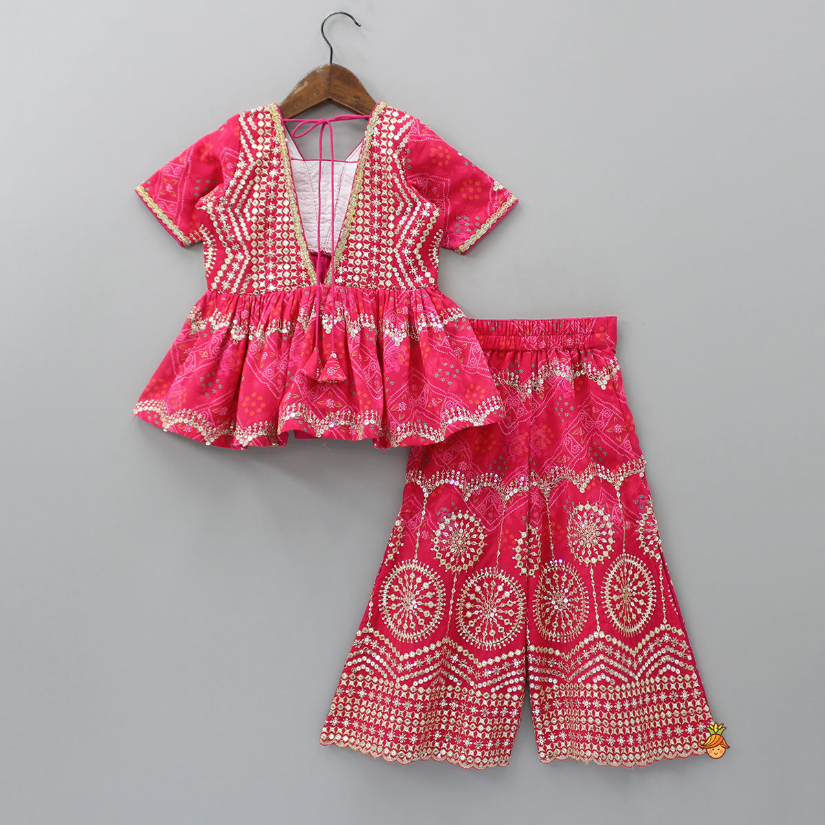 Pre Order: Bandhani Printed Sequins Embroidered Top And Sharara With Dupatta