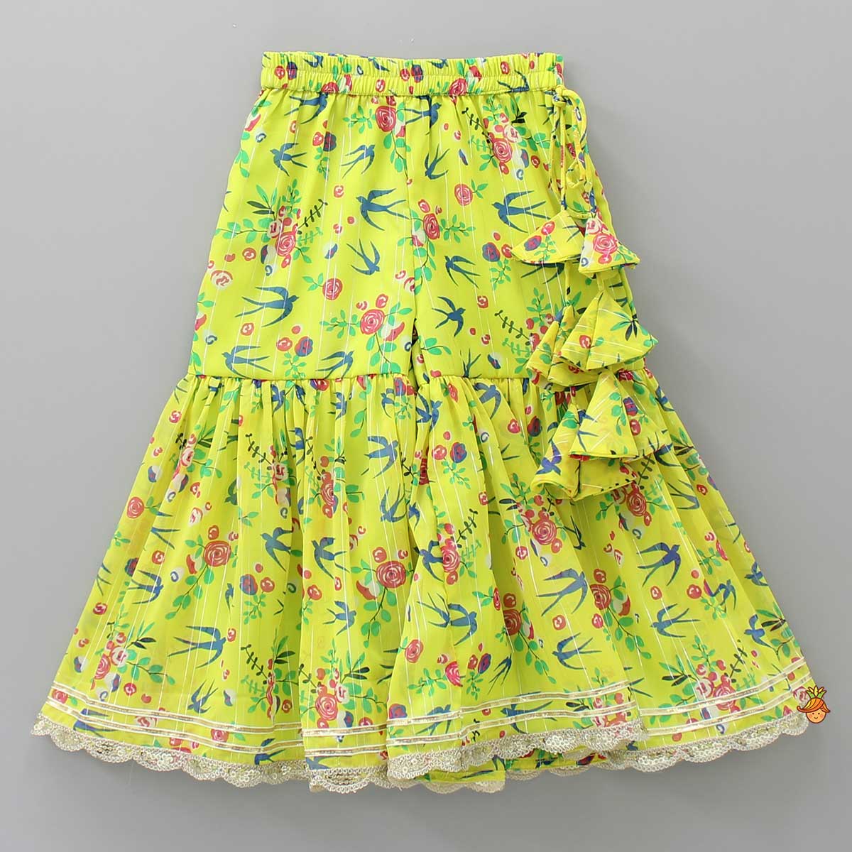 Lace Detailed Yoke Printed Green Top And Sharara With Matching Dupatta
