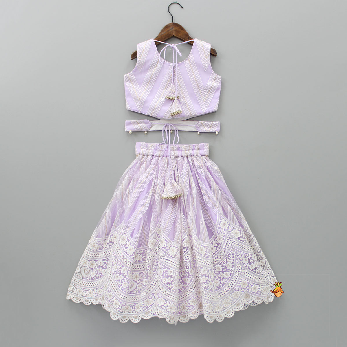 Pre Order: Sequins Embellished Lilac Top And Lehenga With Dupatta And Potli Bag