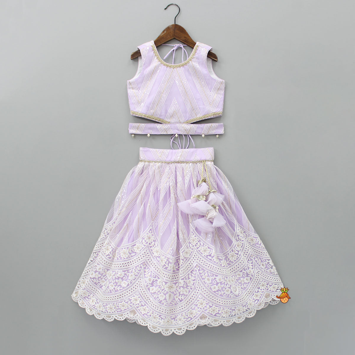 Pre Order: Sequins Embellished Lilac Top And Lehenga With Dupatta And Potli Bag