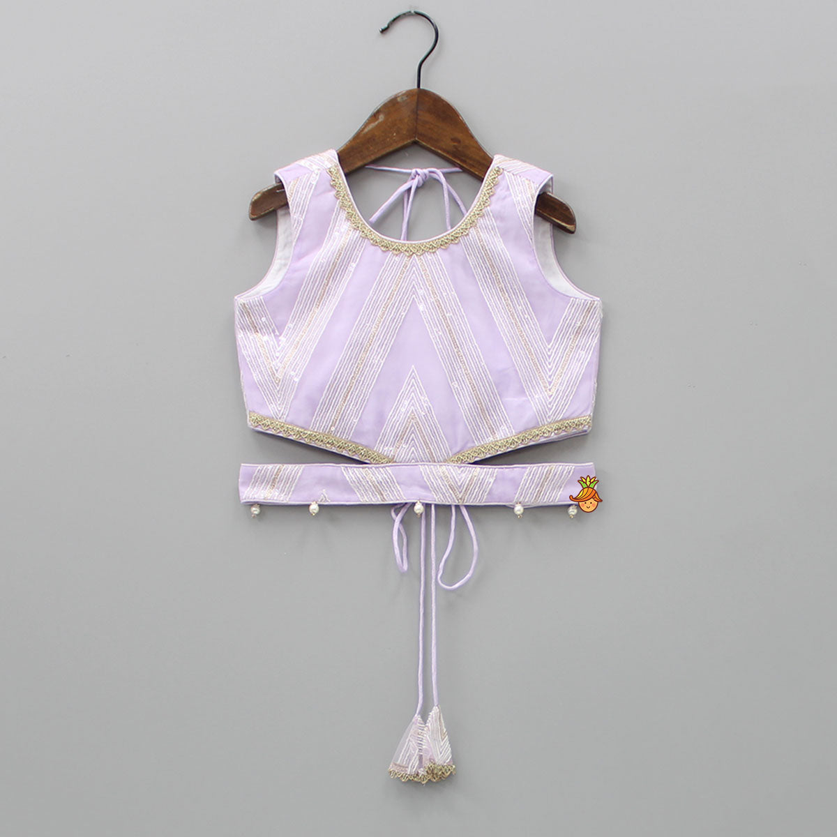 Pre Order: Sequins Embellished Lilac Top And Lehenga With Dupatta And Potli Bag