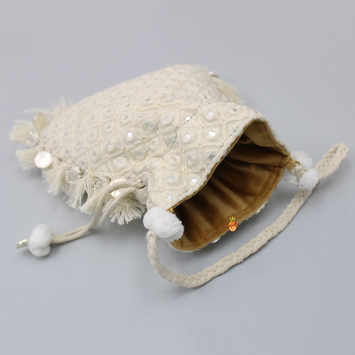 Adorable Faux Mirror Embroidered Off White Potli Bag