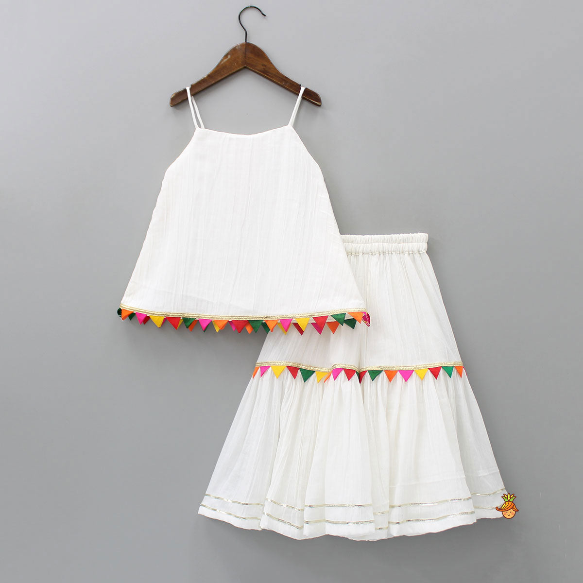 Colourful Triangles Lace Enhanced Flared Off White Top And Pleated Sharara With Contrasting Orange Leheriya Dupatta