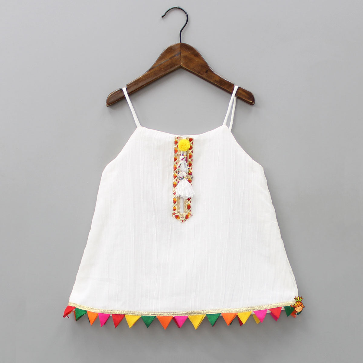 Colourful Triangles Lace Enhanced Flared Off White Top And Pleated Sharara With Contrasting Orange Leheriya Dupatta