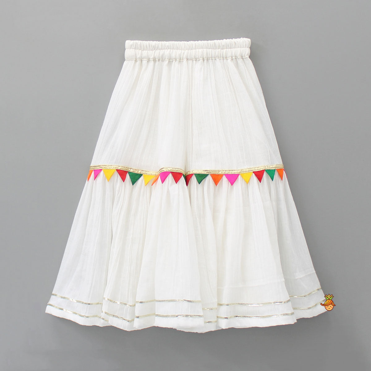 Colourful Triangles Lace Enhanced Flared Off White Top And Pleated Sharara With Contrasting Orange Leheriya Dupatta