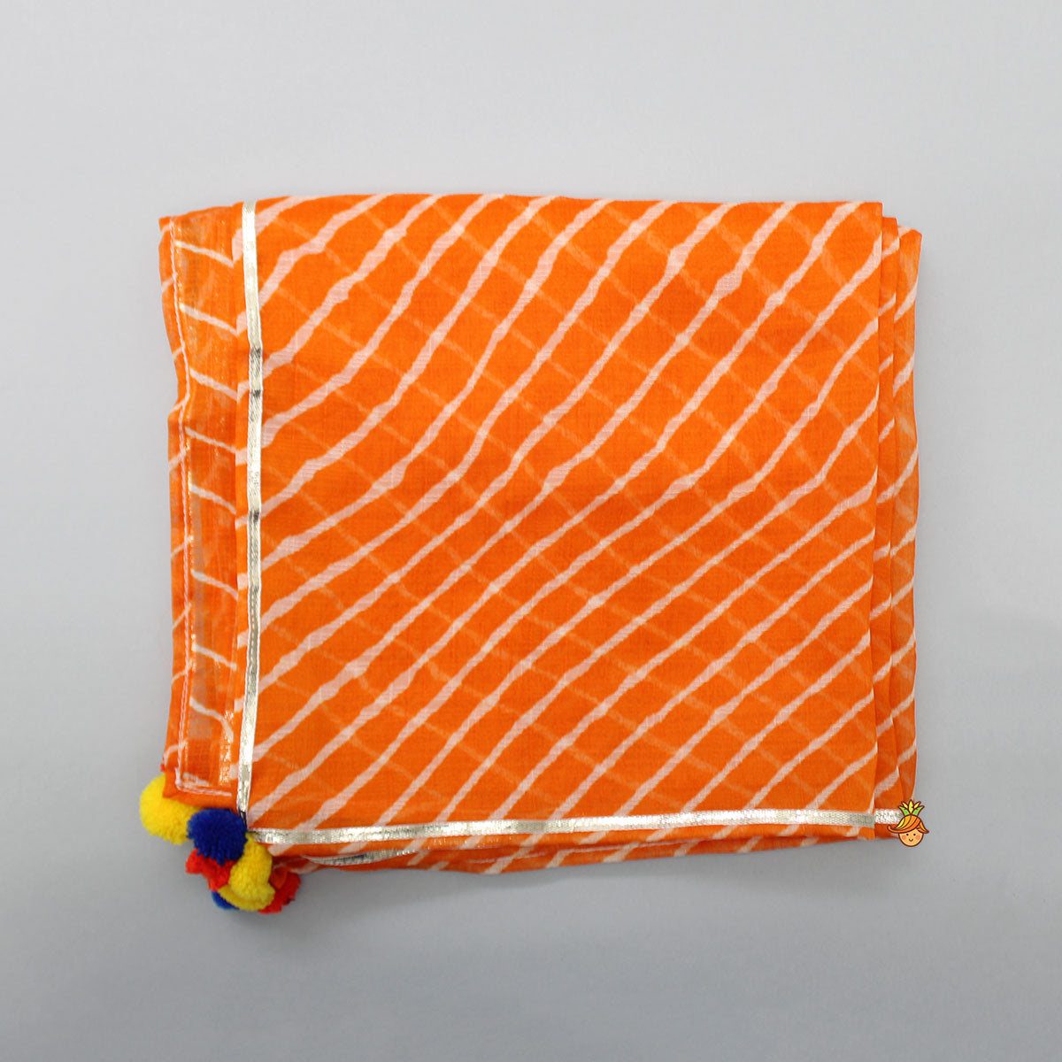 Colourful Triangles Lace Enhanced Flared Off White Top And Pleated Sharara With Contrasting Orange Leheriya Dupatta