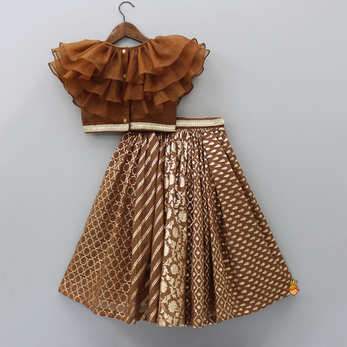 Organza Triple Layered Flap Brown Top And Zari Embroidered Lehenga