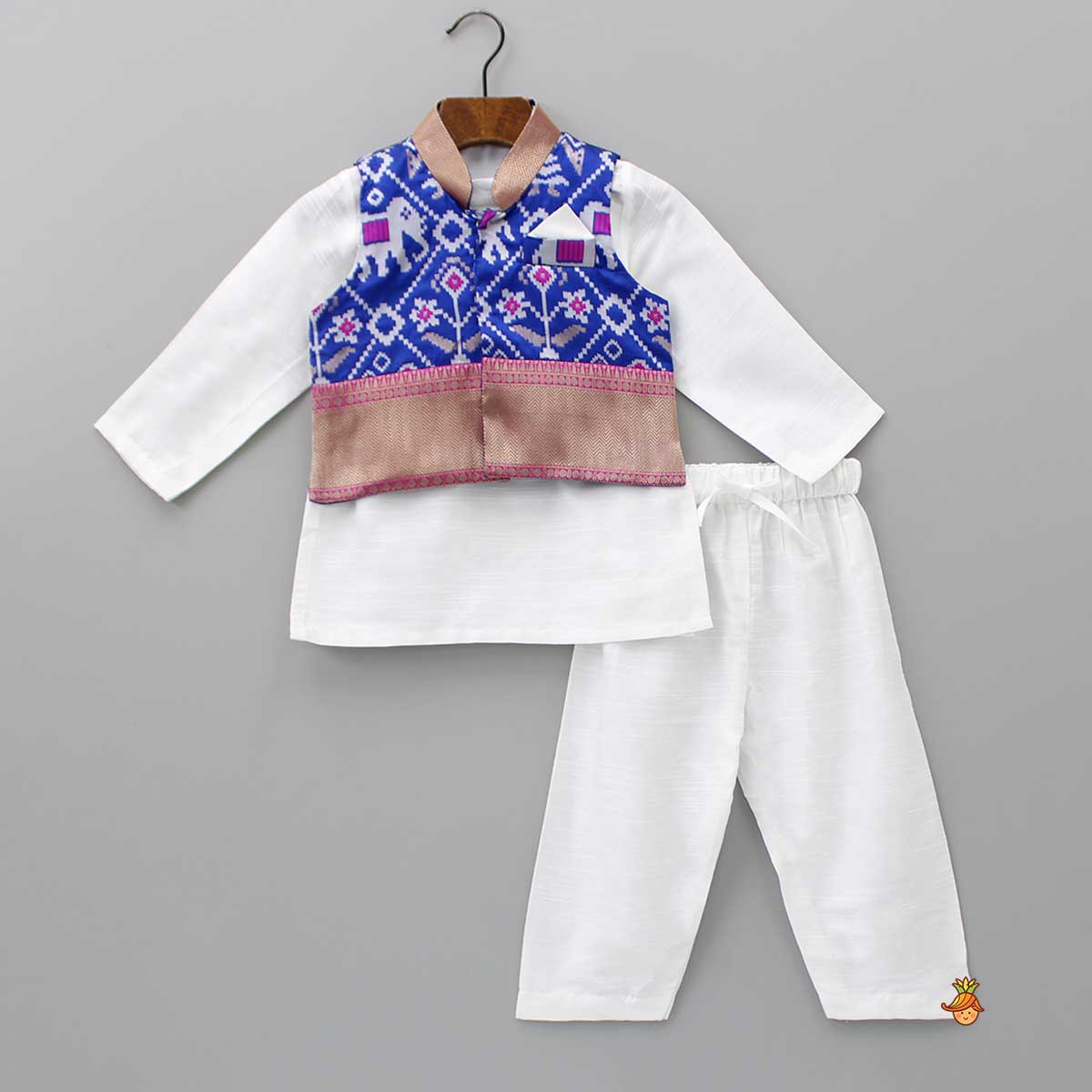 Patola Printed Royal Blue Jacket With Kurta And Pyjama