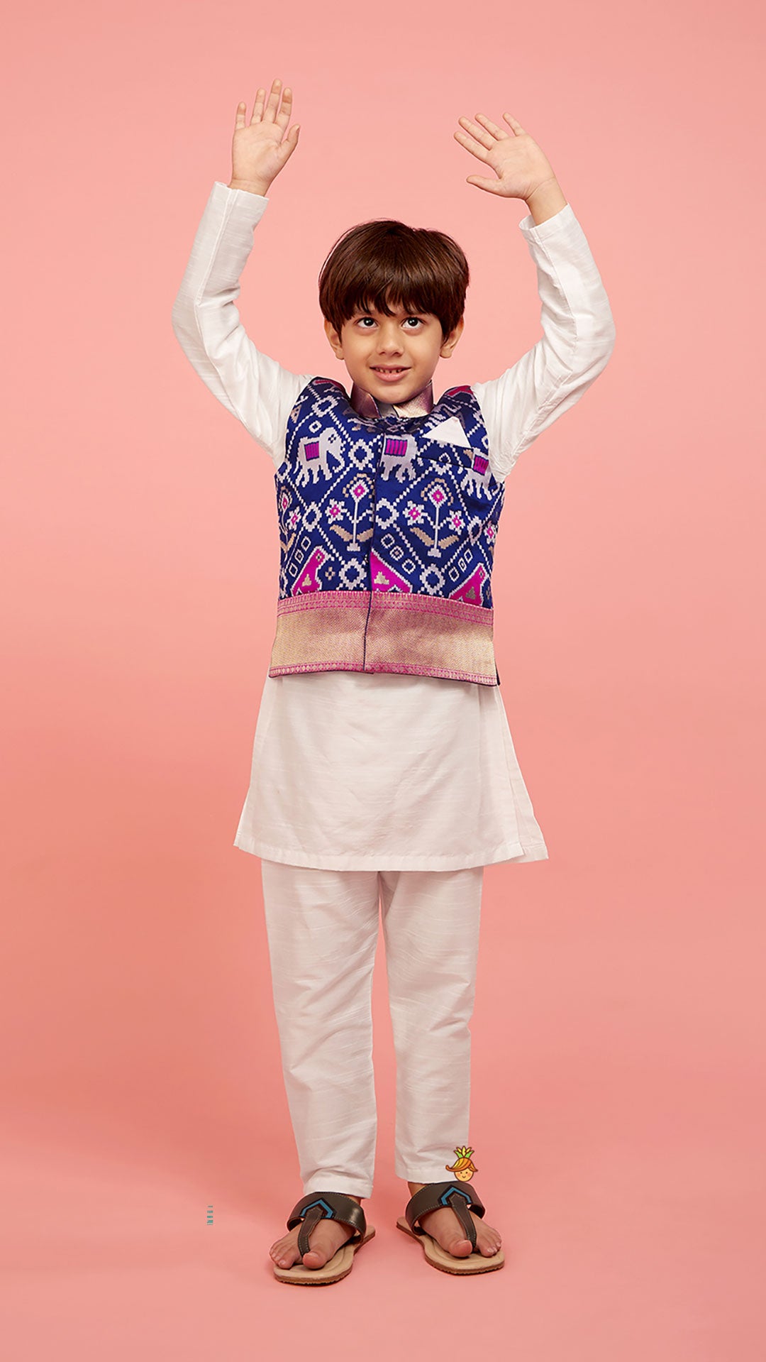 Patola Printed Royal Blue Jacket With Kurta And Pyjama