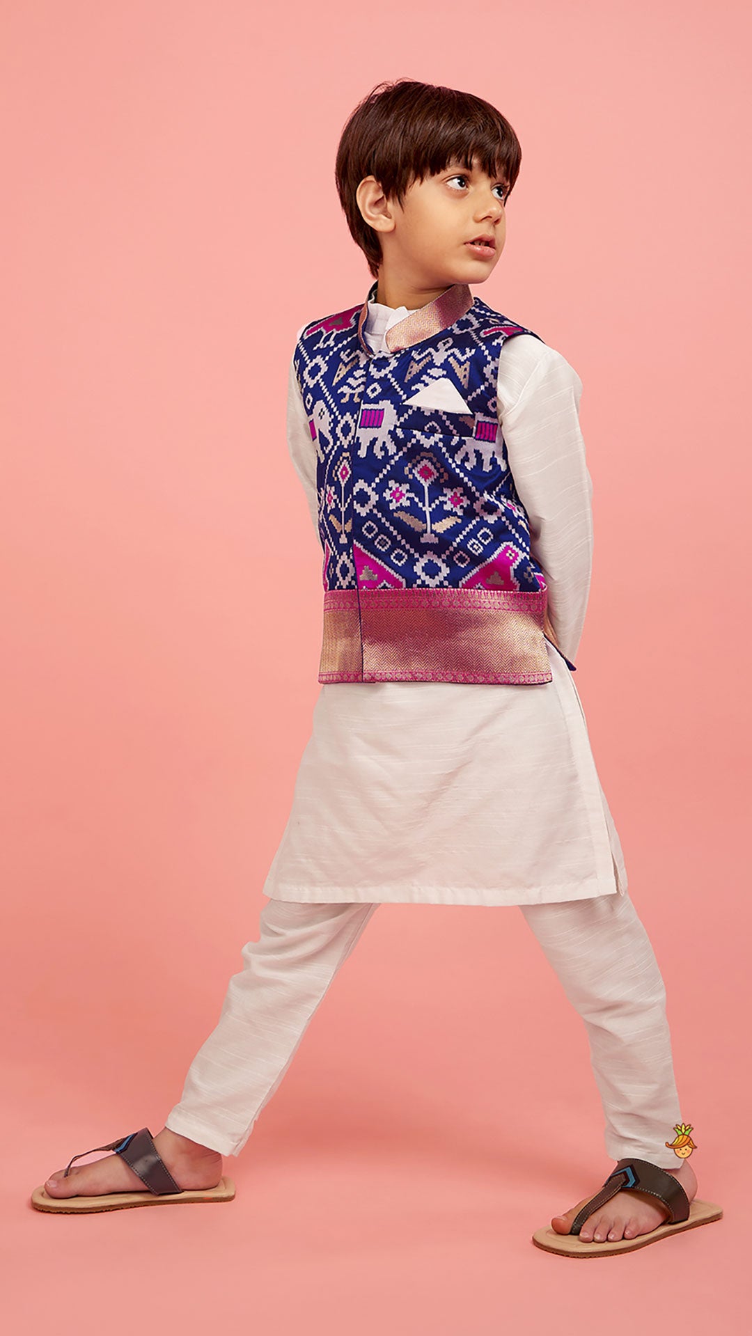 Patola Printed Royal Blue Jacket With Kurta And Pyjama