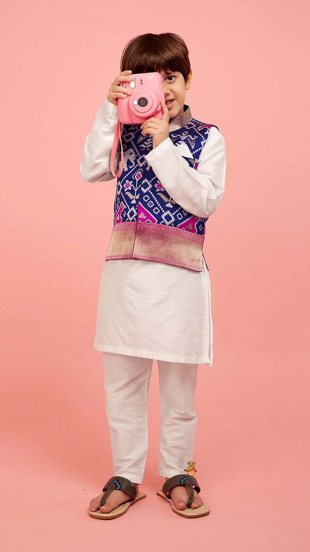 Patola Printed Royal Blue Jacket With Kurta And Pyjama