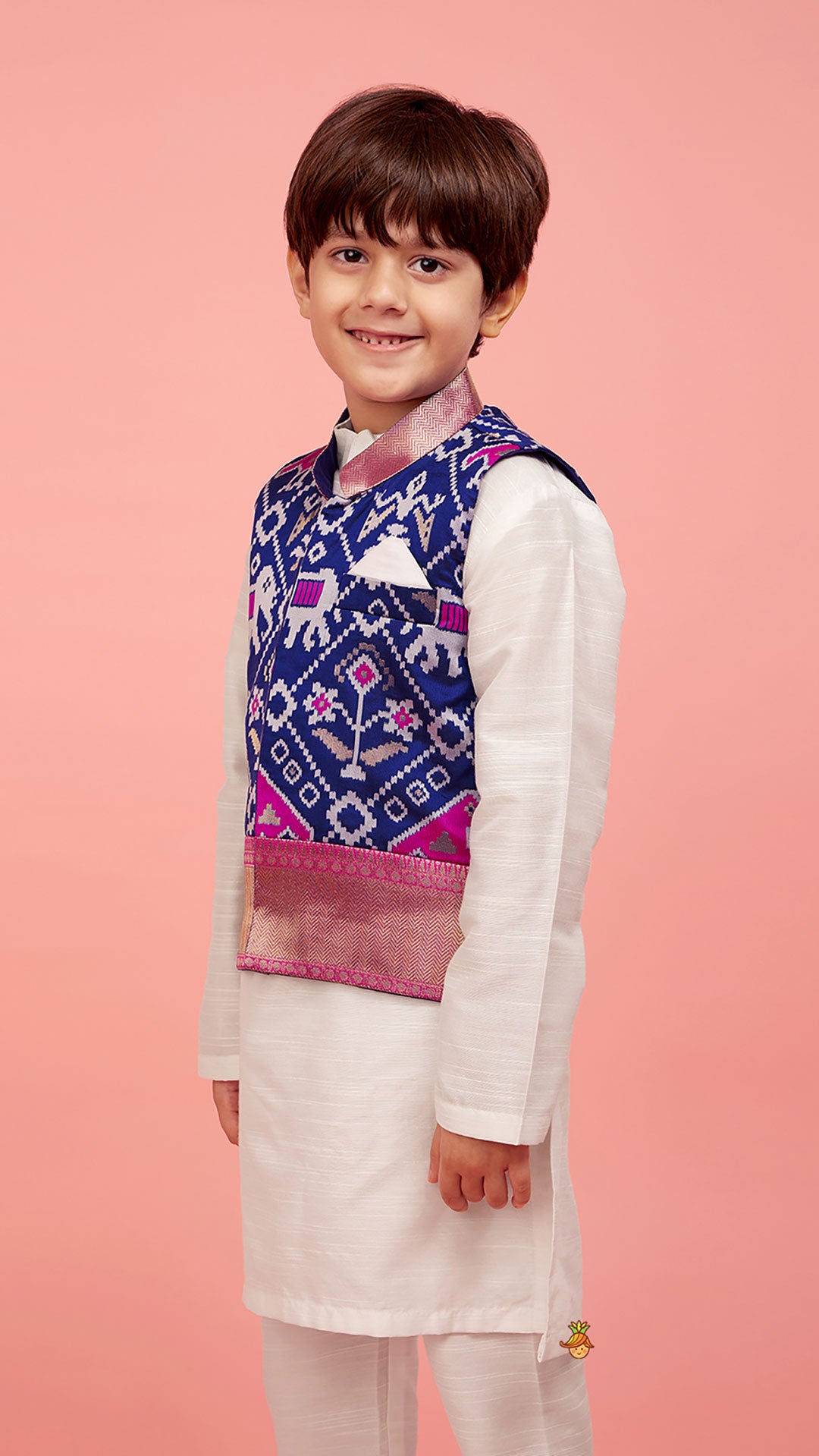 Patola Printed Royal Blue Jacket With Kurta And Pyjama