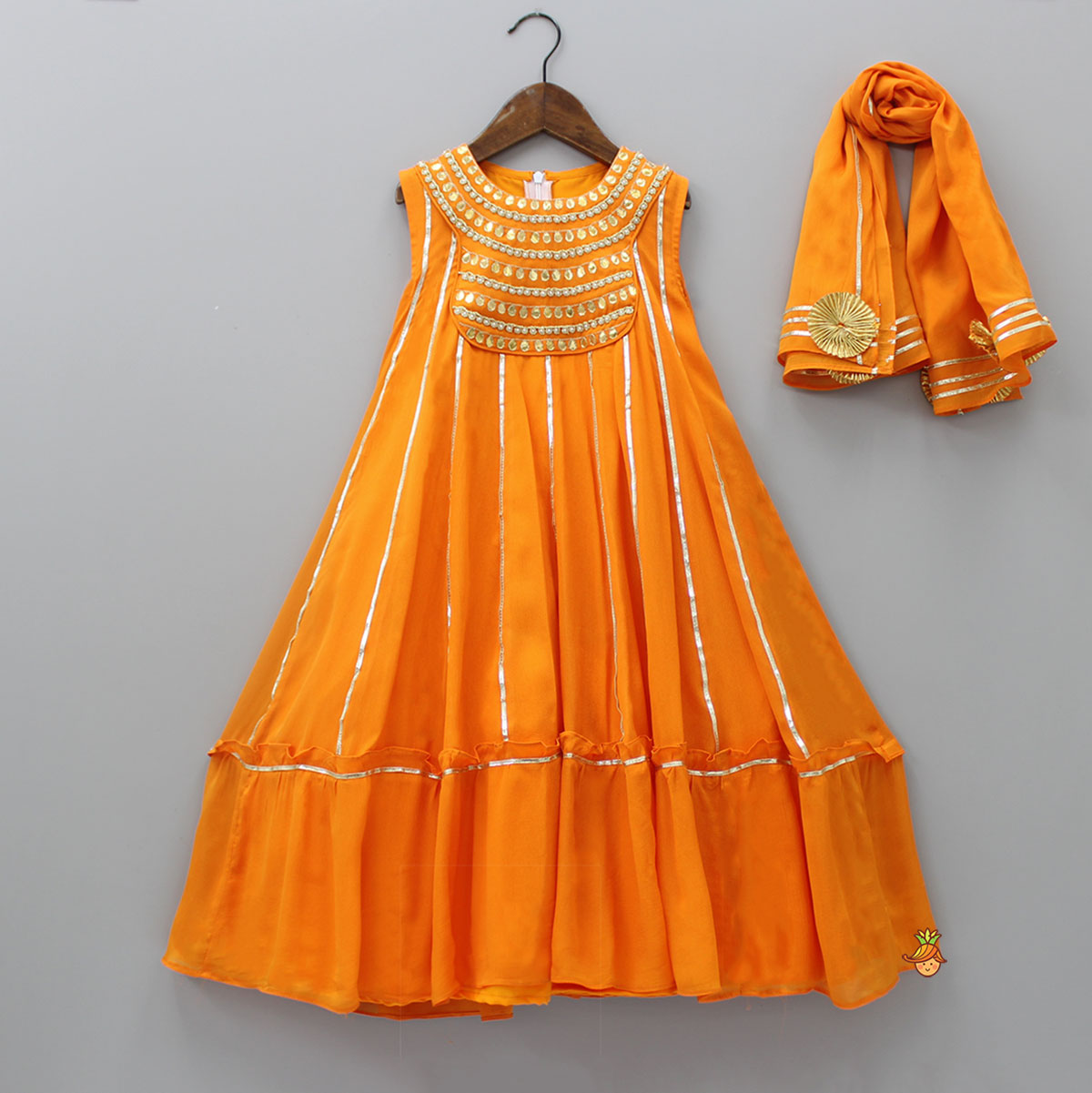 Elegant Shiny Orange Flared Anarkali With Matching Dupatta