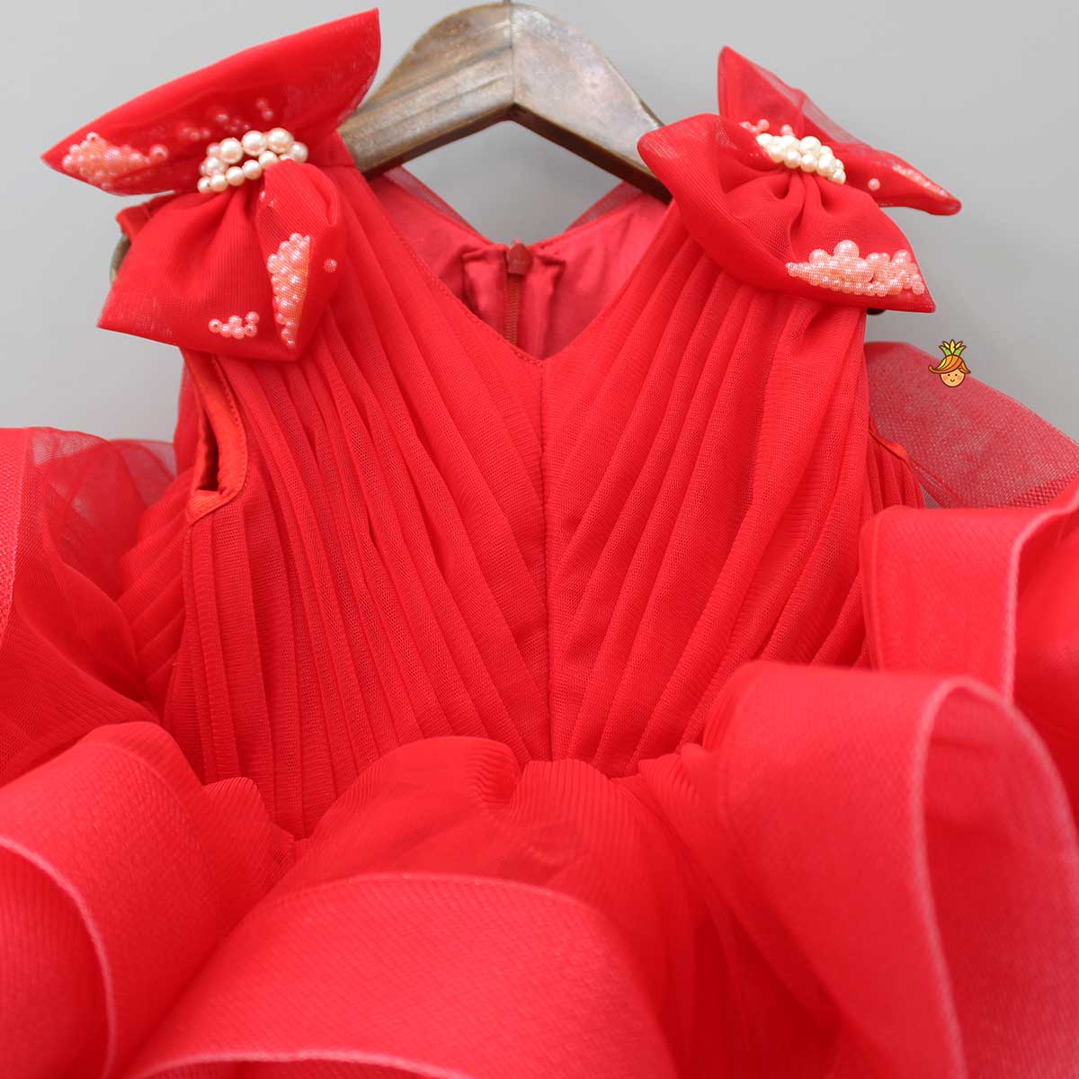 Pre Order: Bows Enhanced Ruffle Layered Red Net Dress