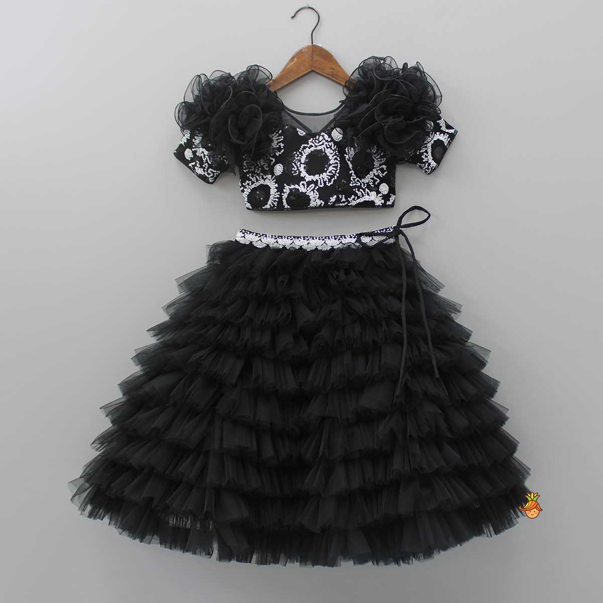 Pre Order: Stylish Black Top With Layered Net Lehenga