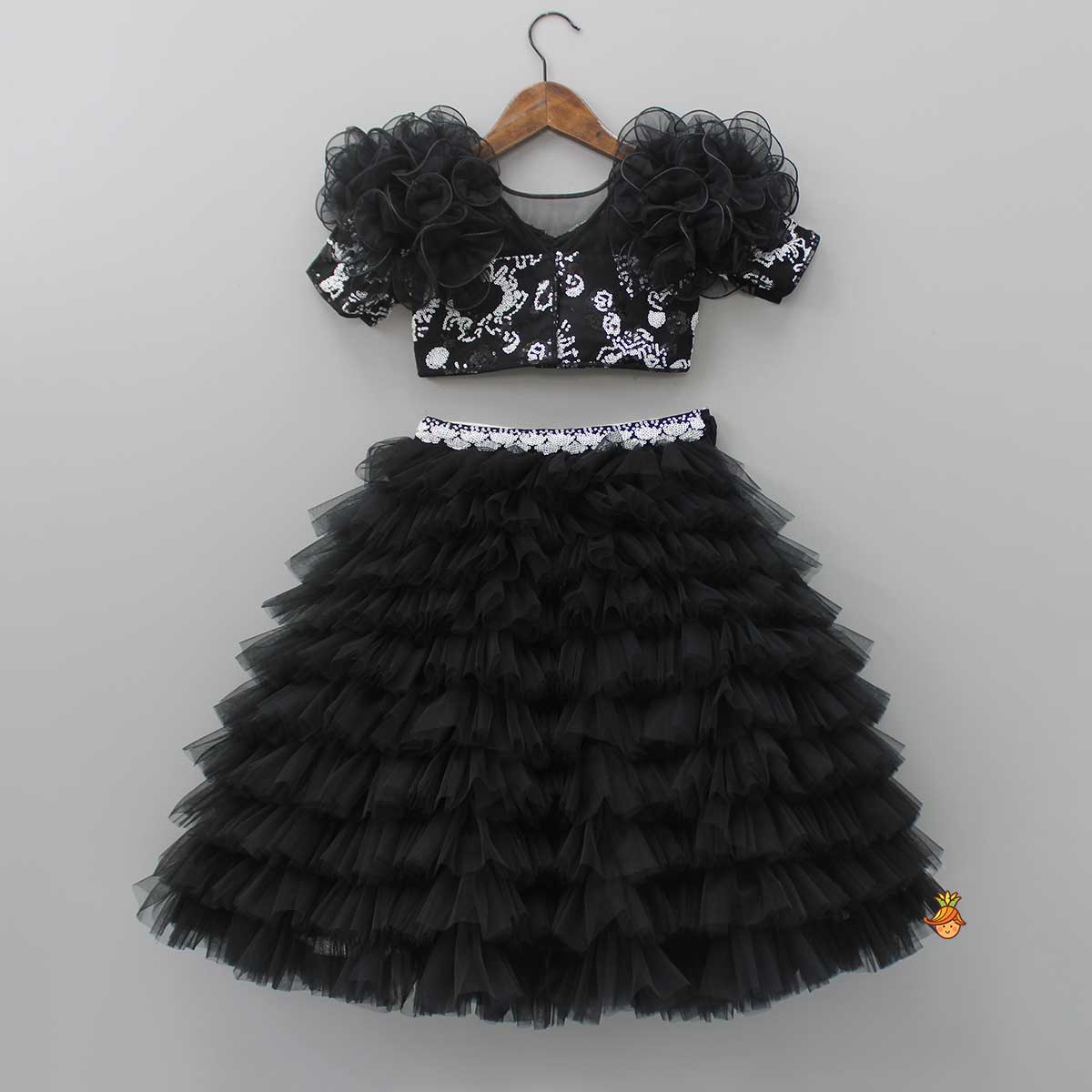Pre Order: Stylish Black Top With Layered Net Lehenga