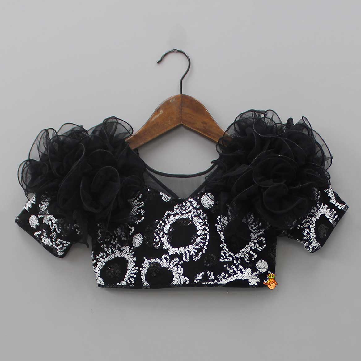 Pre Order: Stylish Black Top With Layered Net Lehenga