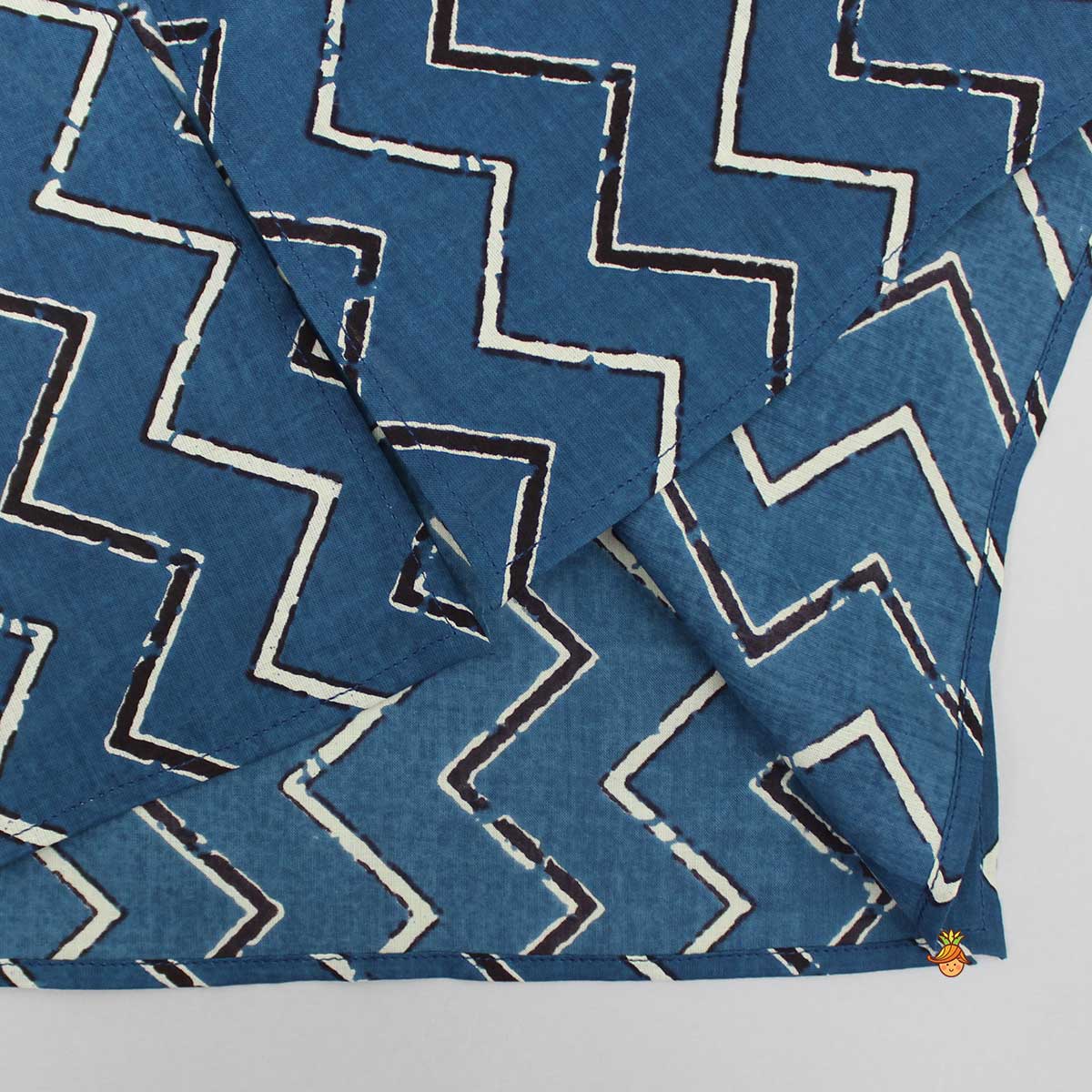 Chevron Blue Kurta With Printed Open Jacket And Black Churidar