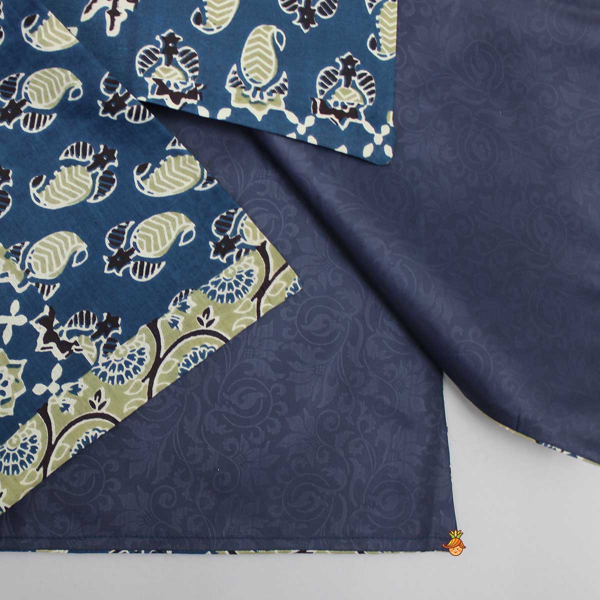 Chevron Blue Kurta With Printed Open Jacket And Black Churidar