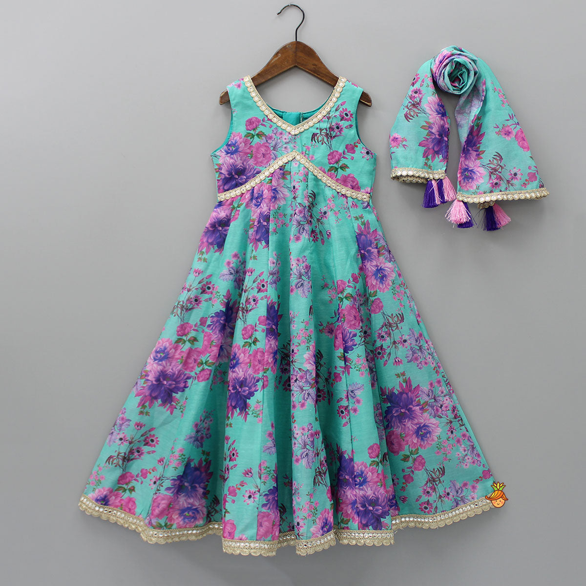 Floral Printed Green Anarkali With Dupatta