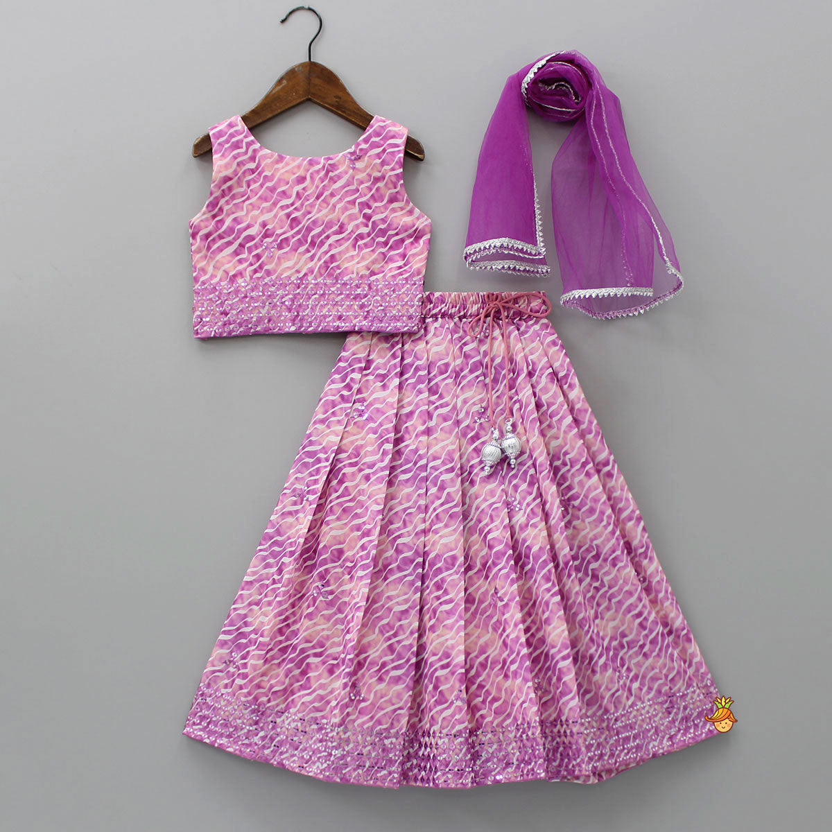 Diagonal Wavy Lines Printed Top And Lehenga With Purple Dupatta