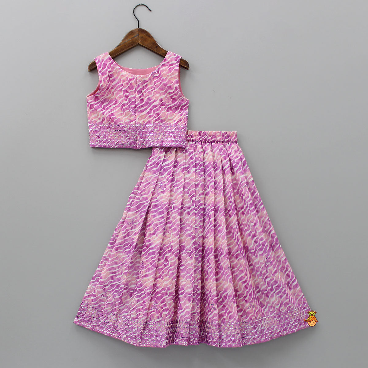 Diagonal Wavy Lines Printed Top And Lehenga With Purple Dupatta