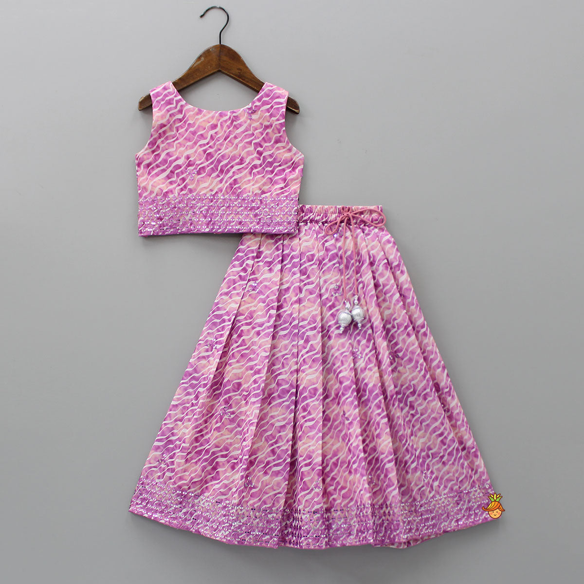 Diagonal Wavy Lines Printed Top And Lehenga With Purple Dupatta