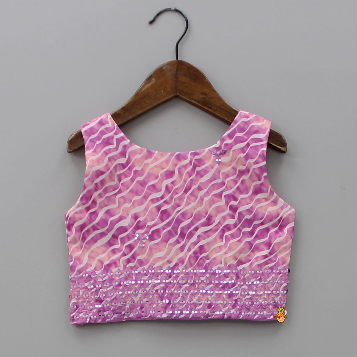 Diagonal Wavy Lines Printed Top And Lehenga With Purple Dupatta
