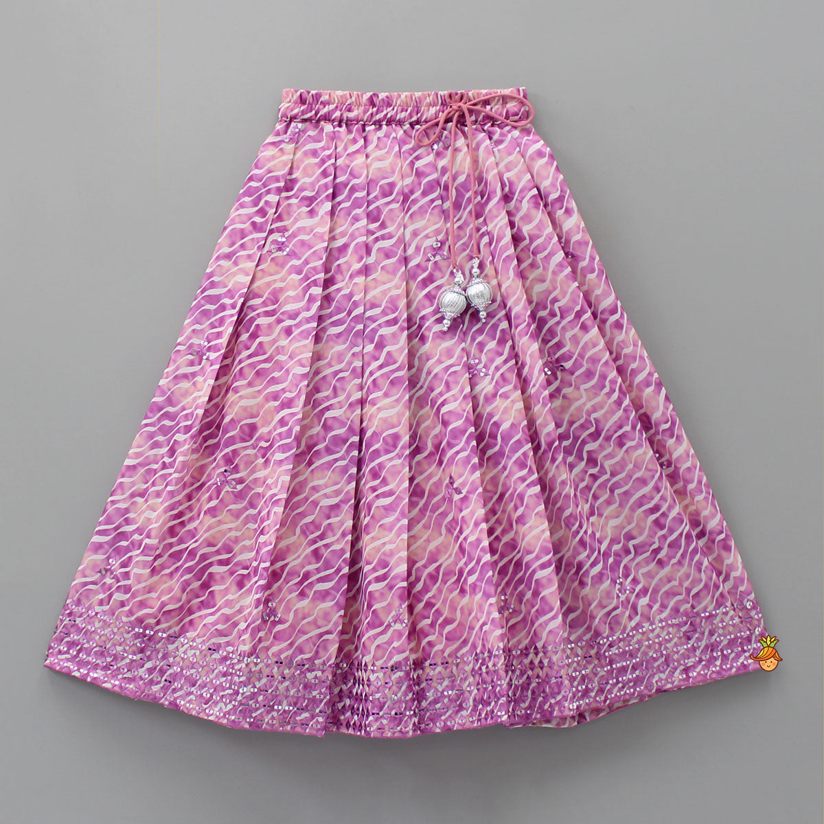 Diagonal Wavy Lines Printed Top And Lehenga With Purple Dupatta