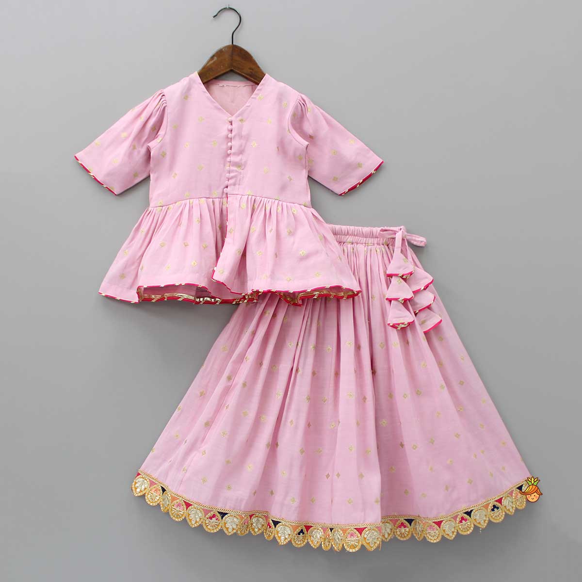 Pre Order: Front Open V Neck Pink Top And Lehenga
