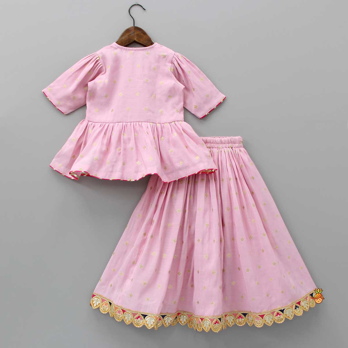 Pre Order: Front Open V Neck Pink Top And Lehenga