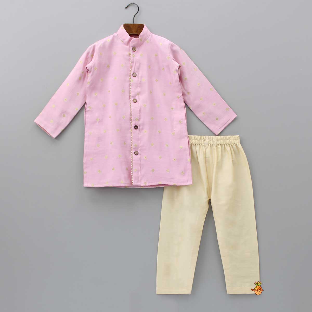 Pre Order: Front Open Booti Embroidered Pink Kurta And Beige Pyjama