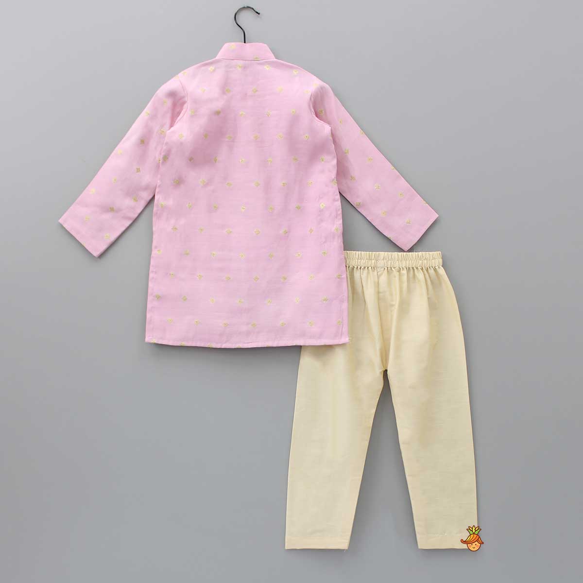 Pre Order: Front Open Booti Embroidered Pink Kurta And Beige Pyjama